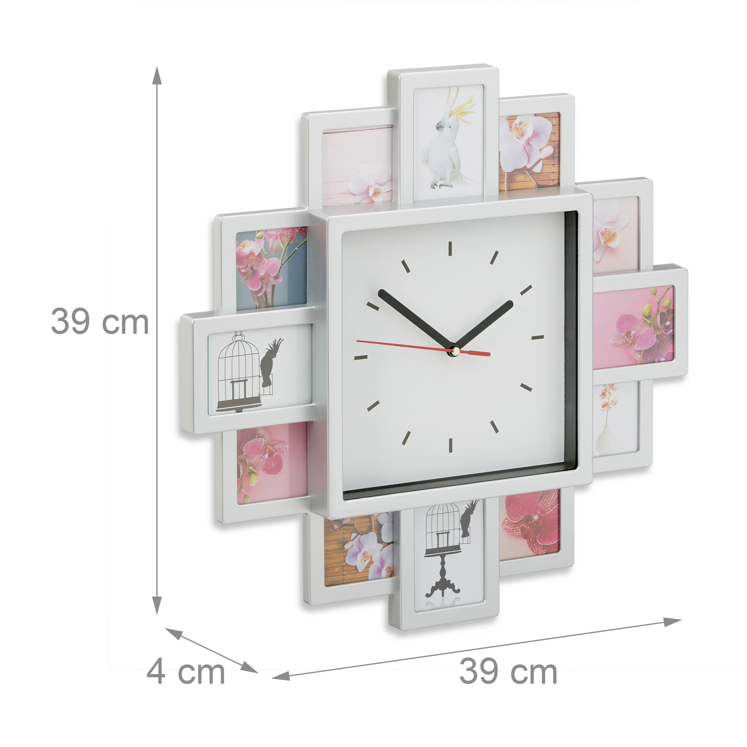 ZEP Taranto Wanduhr Mit Bilderrahmen – Platz Für 8 Fotos (4x10x15 Cm, 4x10x10 Cm), 48x48 Cm, Schwarz
